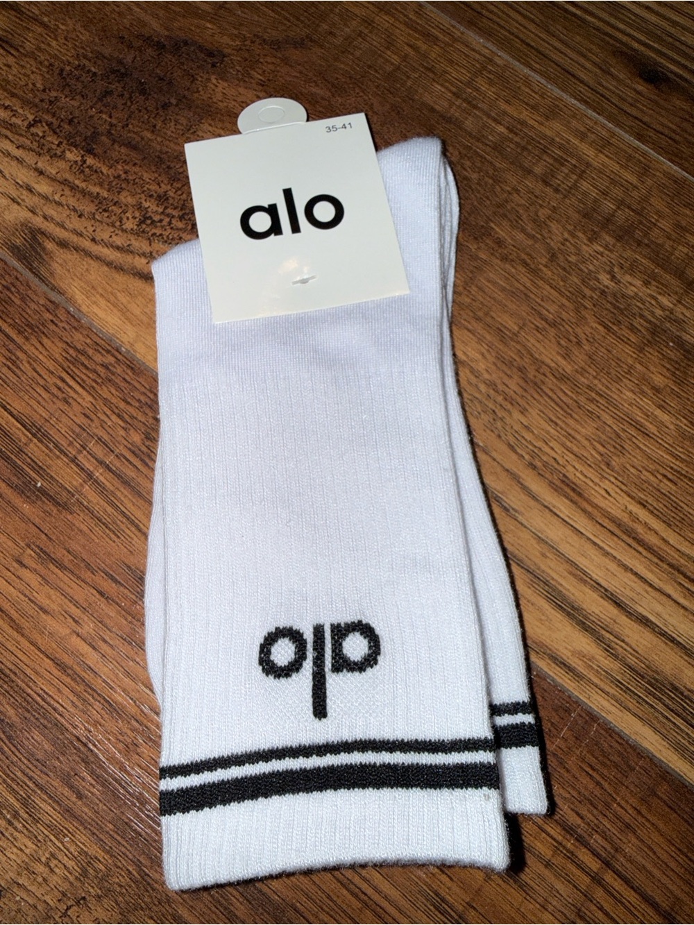 ALO Yoga White Crew Socks with Black Logo & Stripes